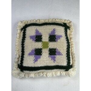 Vintage Granny Square Hand Made Crochet Pillow Purple‎ Ruffle